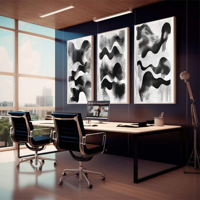 Quadro Decorativo Abstração Geométrica em Preto e Branco - quadros decorativos para sala 1 Tela Vertical, 3 Telas - em quarto contemporaneo