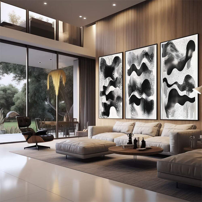 Quadro Decorativo Abstração Geométrica em Preto e Branco - quadros decorativos 1 Tela Vertical, 3 Telas - em escritorio elegante