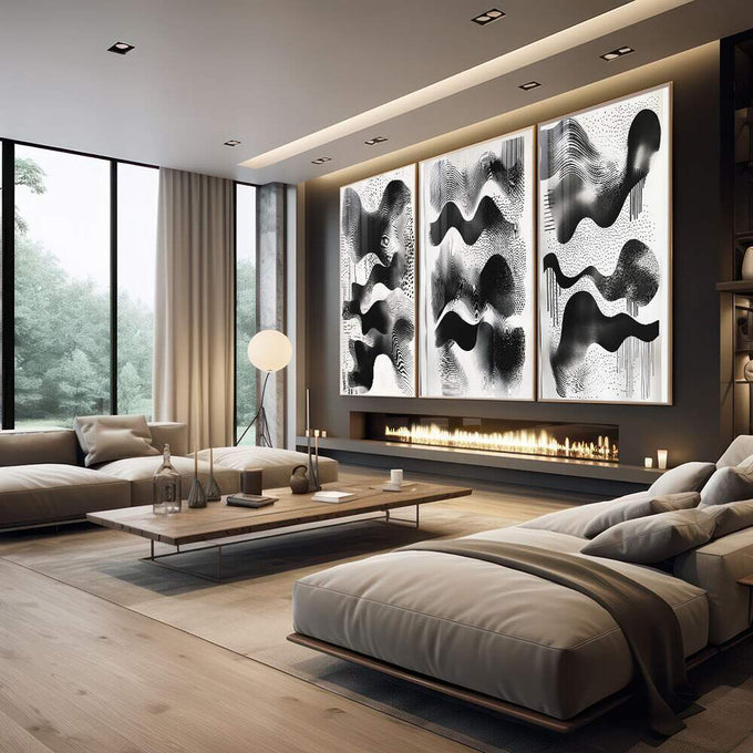 Quadro Decorativo Abstração Geométrica em Preto e Branco - quadros decorativos para sala 1 Tela Vertical, 3 Telas - em living room premium