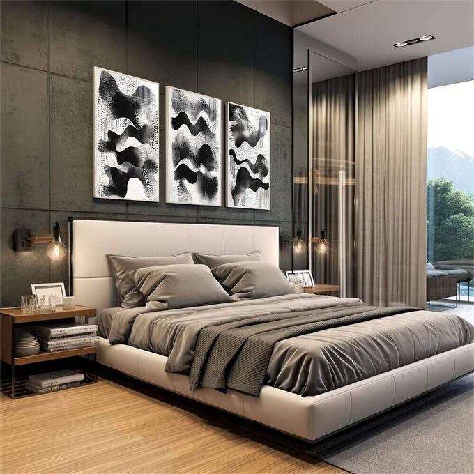 Quadro Decorativo Abstração Geométrica em Preto e Branco - quadros decorativos 1 Tela Vertical, 3 Telas - em sala moderna