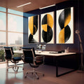 Quadro Decorativo Abstrata em Preto e Amarelo - Formas Fluídas - quadros decorativos 1 Tela Vertical, 3 Telas - em sala moderna