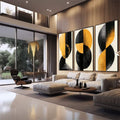 Quadro Decorativo Abstrata em Preto e Amarelo - Formas Fluídas - quadros decorativos para sala 1 Tela Vertical, 3 Telas - em quarto contemporaneo