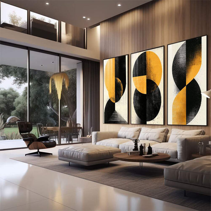 Quadro Decorativo Abstrata em Preto e Amarelo - Formas Fluídas - quadros decorativos para sala 1 Tela Vertical, 3 Telas - em quarto contemporaneo