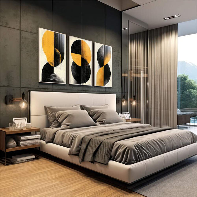 Quadro Decorativo Abstrata em Preto e Amarelo - Formas Fluídas - quadros decorativos para sala 1 Tela Vertical, 3 Telas - em living room premium