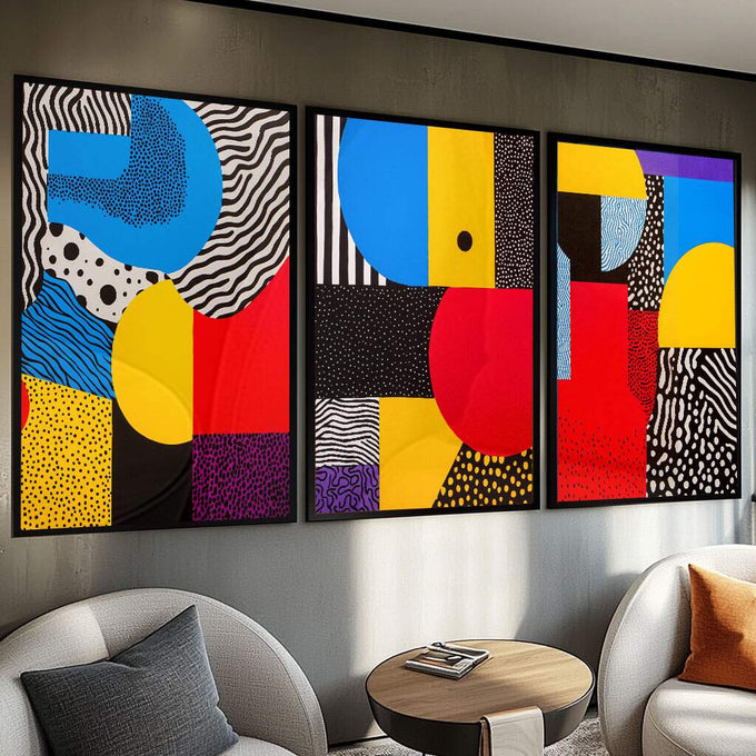 Quadro Decorativo Cores e Texturas - quadros decorativos para sala 1 Tela Vertical, 3 Telas - em ambiente decorado