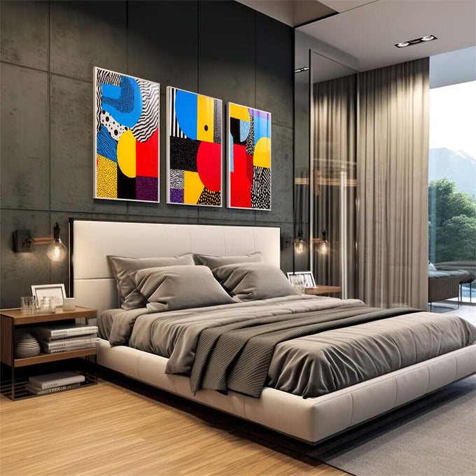Quadro Decorativo Cores e Texturas - quadros decorativos 1 Tela Vertical, 3 Telas - em sala moderna