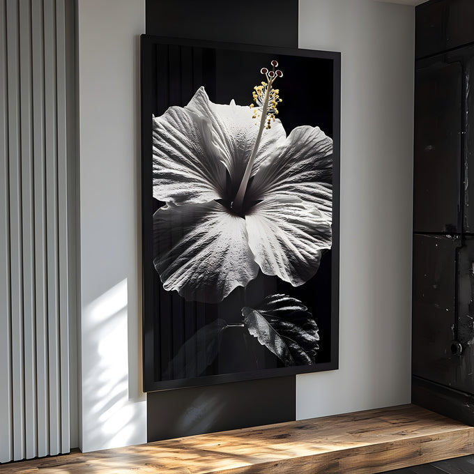 Flor de hibisco branco com estame dourado em fundo preto, fotografia em preto e branco, quadro decorativo