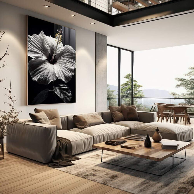 Quadro Decorativo Beleza e Simplicidade do Hibisco - quadros decorativos 1 Tela Vertical, 3 Telas - em sala moderna