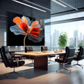 Papoula de pétalas vermelhas, laranja e azuladas em linhas finas sobre fundo preto, quadro decorativo
