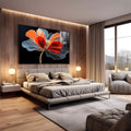 Papoula de pétalas vermelhas, laranja e azuladas em linhas finas sobre fundo preto, quadro decorativo