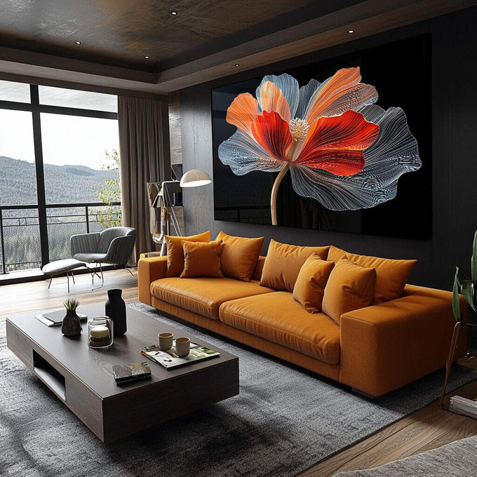 Quadro Decorativo Arte Floral em Linhas e Cores - quadros decorativos para sala 1 Tela, 1 Tela Horizontal - em ambiente decorado