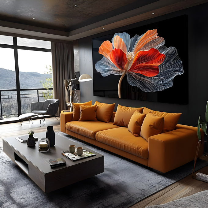 Papoula de pétalas vermelhas, laranja e azuladas em linhas finas sobre fundo preto, quadro decorativo
