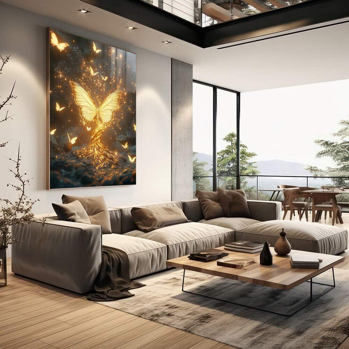 Quadro Decorativo Transformação Mágica da Natureza - quadros decorativos 1 Tela Vertical, 3 Telas - em sala moderna