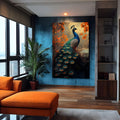 Pavão azul e verde com cauda de plumas entre folhas laranja de outono, quadro decorativo