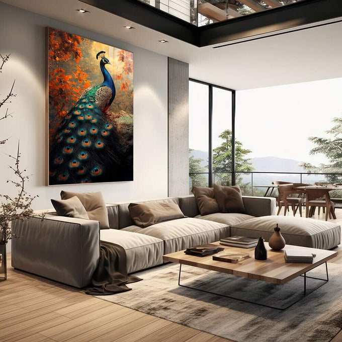 Quadro Decorativo A Beleza Natural do Pavão - quadros decorativos 1 Tela Vertical, 3 Telas - em sala moderna