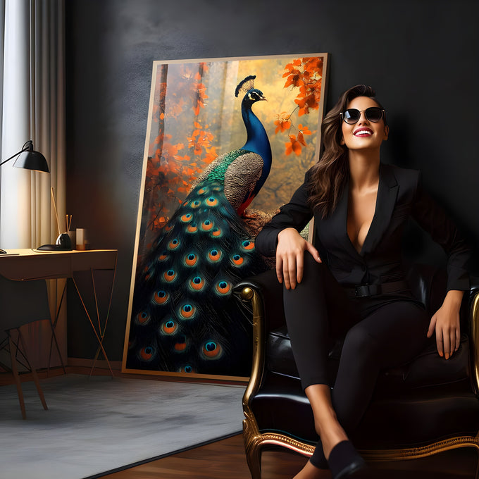 Pavão azul e verde com cauda de plumas entre folhas laranja de outono, quadro decorativo