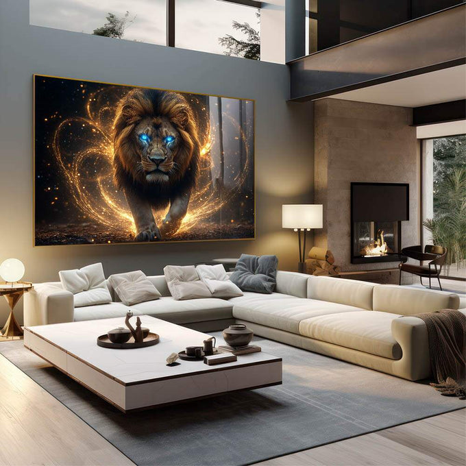 Quadro Decorativo Caminho do Leão Sob Aura Dourada - quadros decorativos para sala 1 Tela, 1 Tela Horizontal - em living room premium