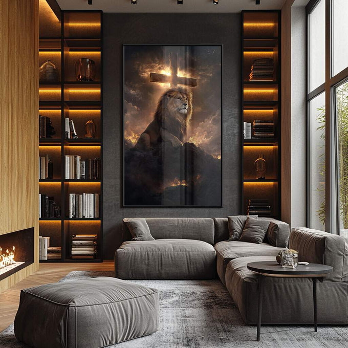 Quadro Decorativo Leão sobre a Cruz - quadros decorativos para sala 1 Tela Vertical, 3 Telas - em ambiente decorado