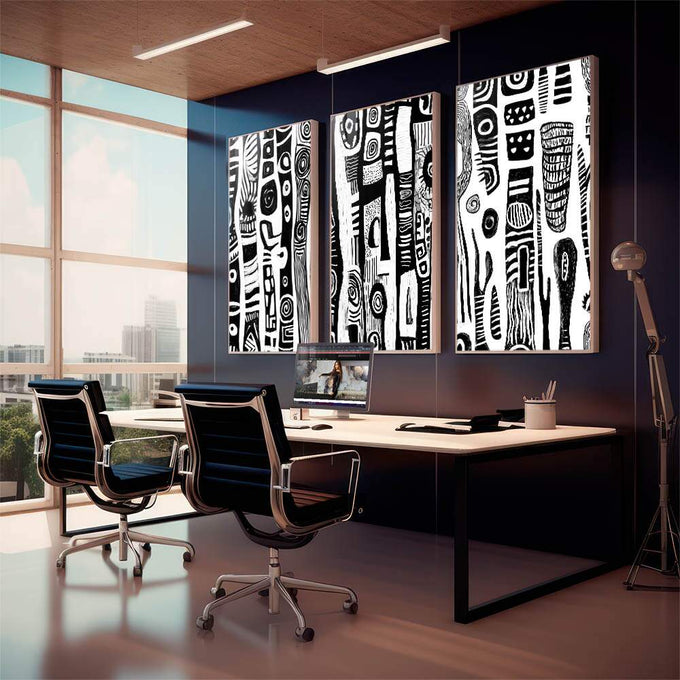 Quadro Decorativo Abstrato em Preto e Branco - quadros decorativos 1 Tela Vertical, 3 Telas - em sala moderna