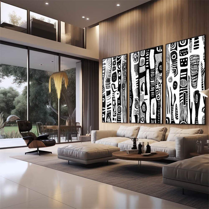 Quadro Decorativo Abstrato em Preto e Branco - quadros decorativos para sala 1 Tela Vertical, 3 Telas - em quarto contemporaneo