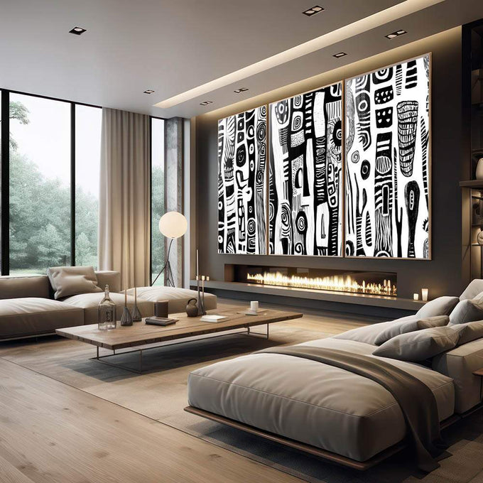 Quadro Decorativo Abstrato em Preto e Branco - quadros decorativos 1 Tela Vertical, 3 Telas - em escritorio elegante