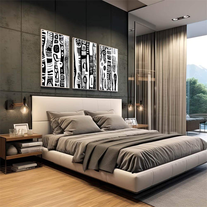 Quadro Decorativo Abstrato em Preto e Branco - quadros decorativos para sala 1 Tela Vertical, 3 Telas - em living room premium