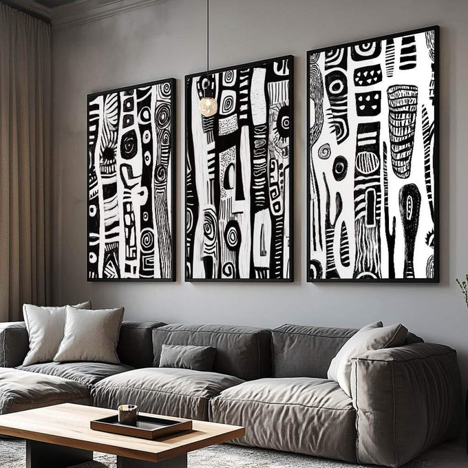 Quadro Decorativo Abstrato em Preto e Branco - quadros decorativos para sala 1 Tela Vertical, 3 Telas - em ambiente decorado
