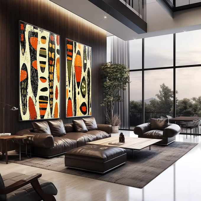 Quadro Decorativo Abstrato African Inspired - Amarelo e Laranja Vibrante - quadros decorativos 2 Telas, abstrato geométrico - em sala moderna