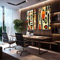 Quadro Decorativo Abstrato African Inspired - Amarelo e Laranja Vibrante - quadros decorativos para sala 2 Telas, abstrato geométrico - em quarto contemporaneo