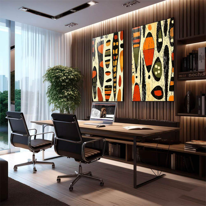 Quadro Decorativo Abstrato African Inspired - Amarelo e Laranja Vibrante - quadros decorativos para sala 2 Telas, abstrato geométrico - em quarto contemporaneo