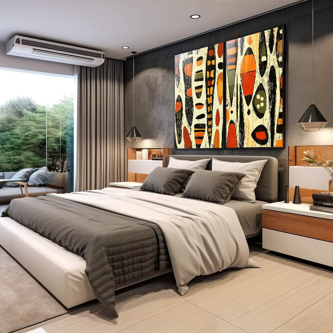 Quadro Decorativo Abstrato African Inspired - Amarelo e Laranja Vibrante - quadros decorativos 2 Telas, abstrato geométrico - em escritorio elegante