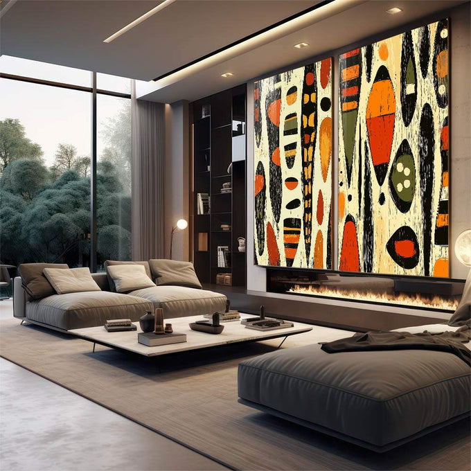 Quadro Decorativo Abstrato African Inspired - Amarelo e Laranja Vibrante - quadros decorativos para sala 2 Telas, abstrato geométrico - em living room premium