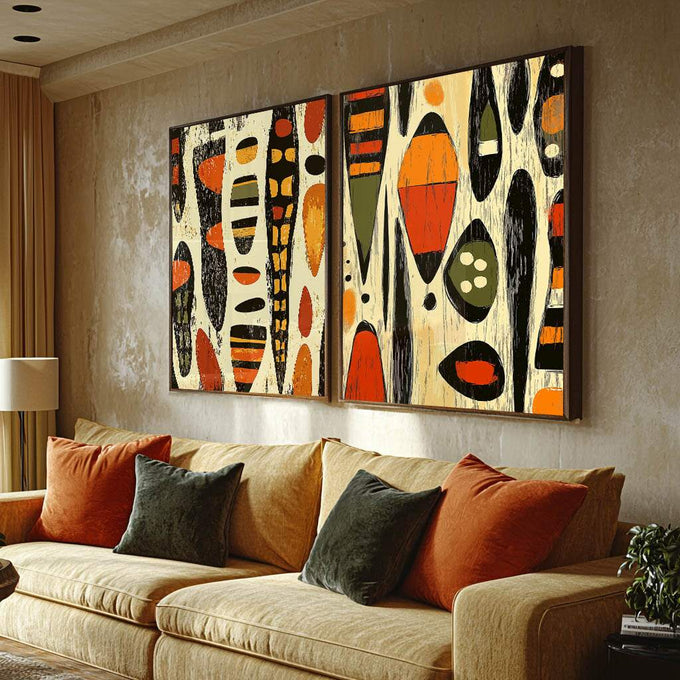 Quadro Decorativo Abstrato African Inspired - Amarelo e Laranja Vibrante - quadros decorativos para sala 2 Telas, abstrato geométrico - em ambiente decorado