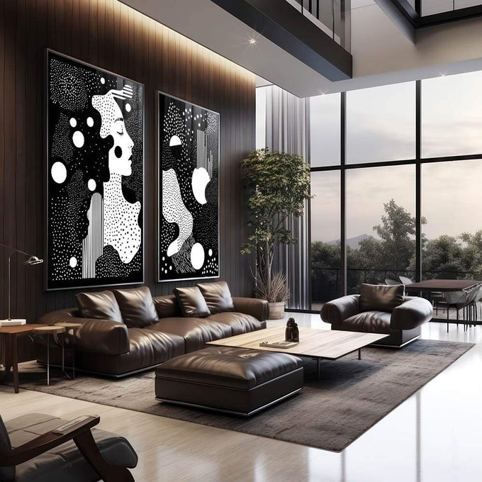 Quadro Abstrato em Preto e Branco - Silhueta Feminina de Elegancia - quadros decorativos - em sala moderna