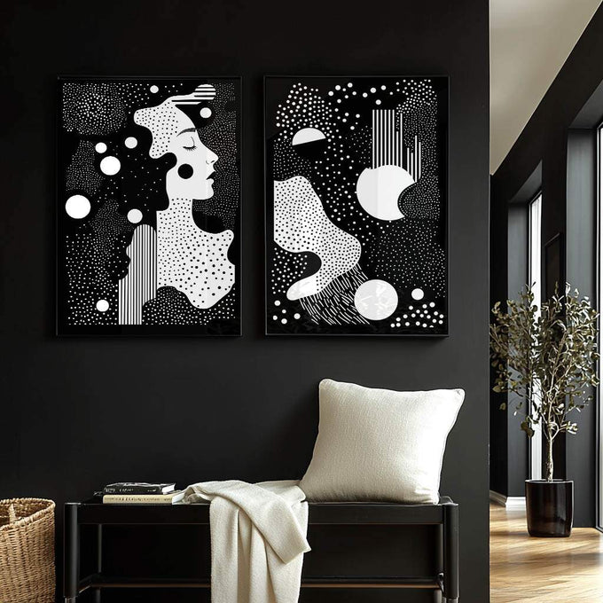 Quadro Abstrato em Preto e Branco - Silhueta Feminina de Elegancia - quadros decorativos para sala - em ambiente decorado