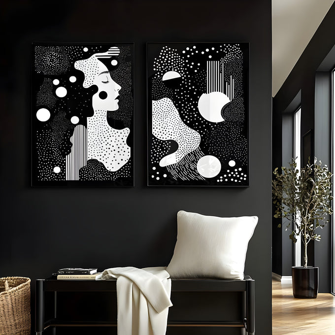 Perfil de mulher de olhos fechados com bolinhas e círculos brancos sobre preto em 2 telas, quadro decorativo