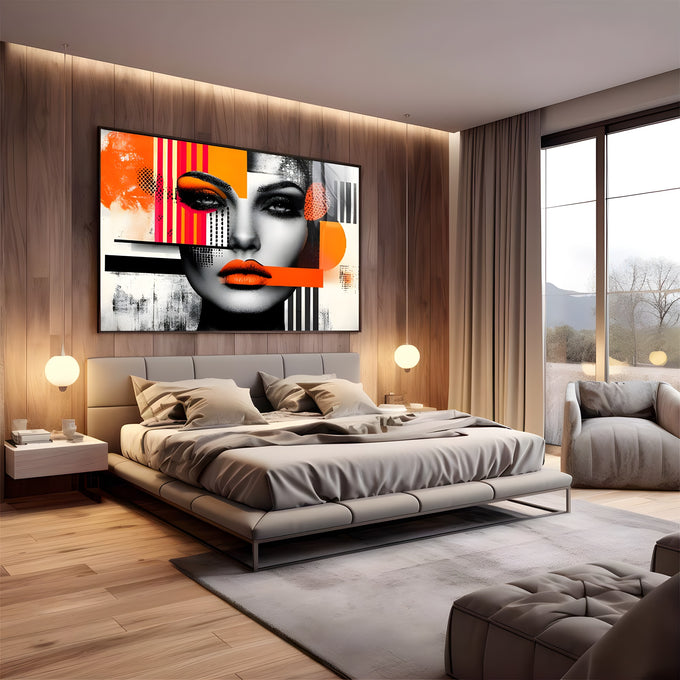Rosto de mulher em preto e branco com batom laranja, listras e pontilhados pop art, quadro decorativo