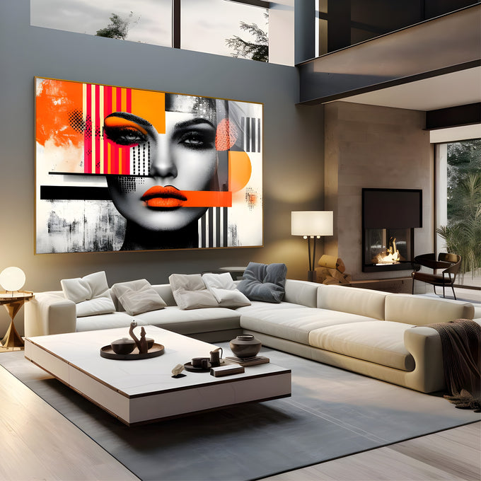 Rosto de mulher em preto e branco com batom laranja, listras e pontilhados pop art, quadro decorativo