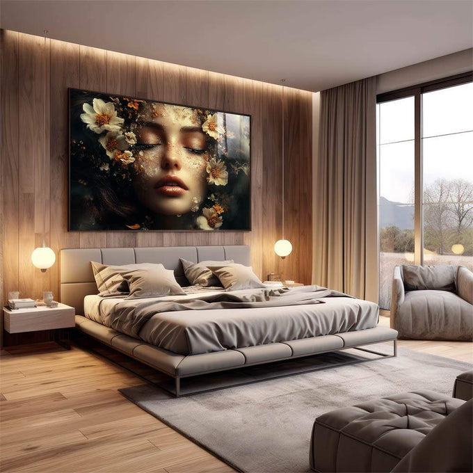 Quadro Decorativo A Beleza da Mulher sobre as Flores - quadros decorativos para sala 1 Tela, 1 Tela Horizontal - em quarto contemporaneo