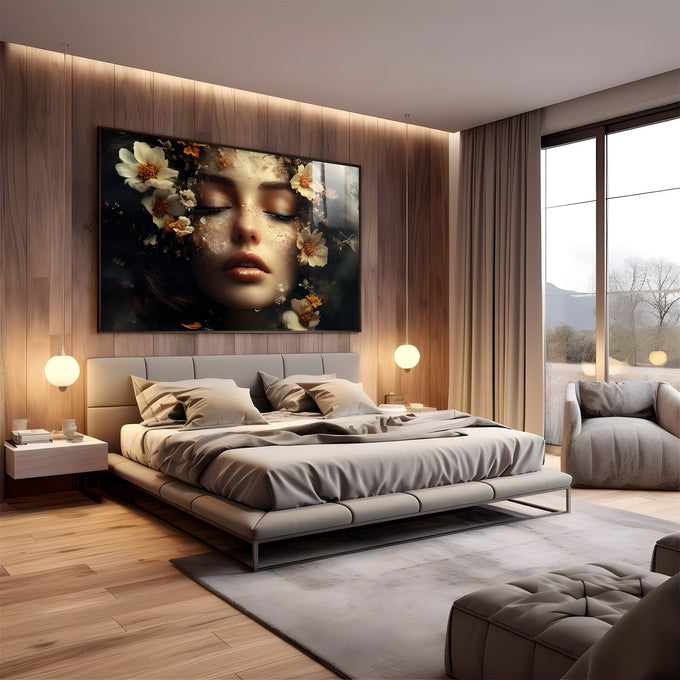 Rosto de mulher de olhos fechados cercado por margaridas brancas e folhas douradas, quadro decorativo