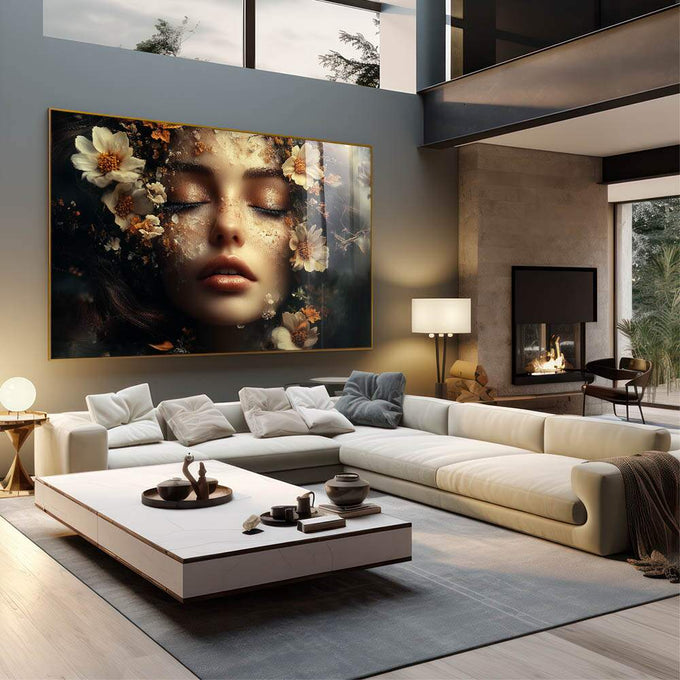 Quadro Decorativo A Beleza da Mulher sobre as Flores - quadros decorativos para sala 1 Tela, 1 Tela Horizontal - em living room premium