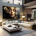 Rosto de mulher de olhos fechados cercado por margaridas brancas e folhas douradas, quadro decorativo