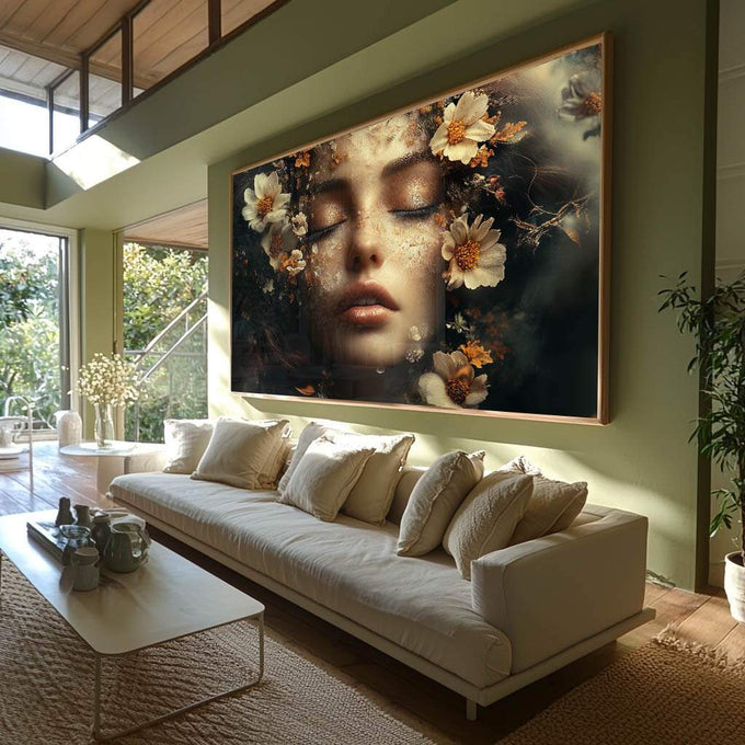 Quadro Decorativo A Beleza da Mulher sobre as Flores - quadros decorativos para sala 1 Tela, 1 Tela Horizontal - em ambiente decorado
