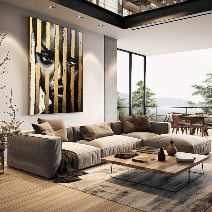 Quadro Decorativo Abstrato Feminino - quadros decorativos 1 Tela Vertical, 3 Telas - em sala moderna