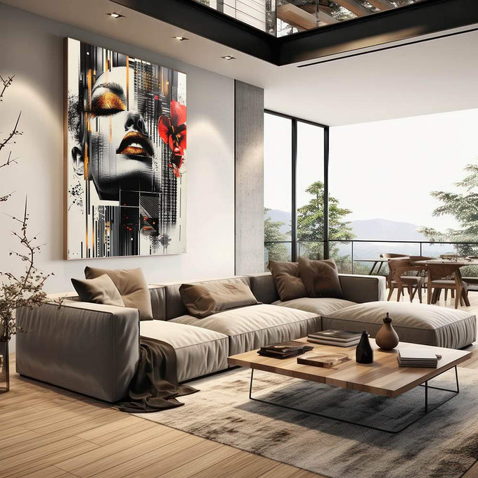 Quadro Decorativo A Beleza da Mulher Abstrata - quadros decorativos 1 Tela Vertical, 3 Telas - em sala moderna