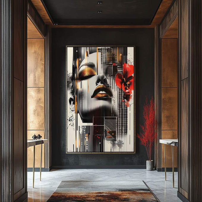 Quadro Decorativo A Beleza da Mulher Abstrata - quadros decorativos para sala 1 Tela Vertical, 3 Telas - em ambiente decorado