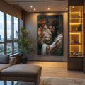 Quadro Decorativo Leão ao Lado de Jesus Cristo - quadros decorativos para sala 1 Tela Vertical, 3 Telas - em ambiente decorado