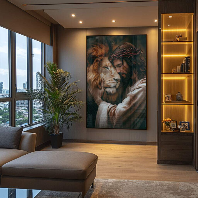 Quadro Decorativo Leão ao Lado de Jesus Cristo - quadros decorativos para sala 1 Tela Vertical, 3 Telas - em ambiente decorado