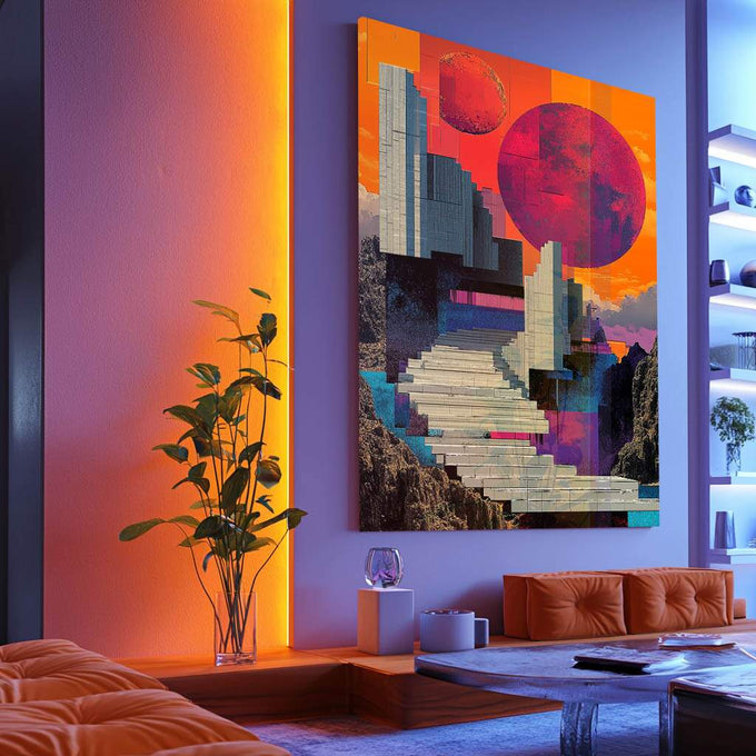 Quadro Decorativo Escadaria Cósmica - quadros decorativos para sala 1 Tela Vertical, 3 Telas - em ambiente decorado