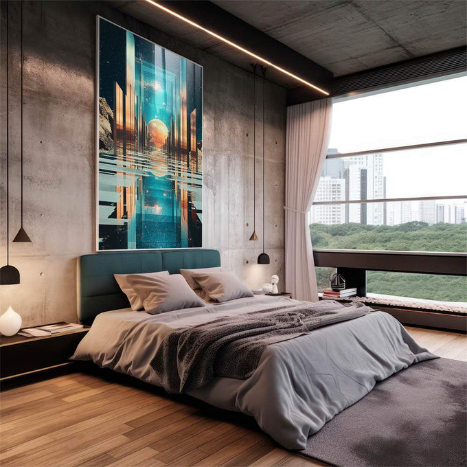 Quadro Decorativo Portais Cósmicos - quadros decorativos 1 Tela Vertical, 3 Telas - em sala moderna